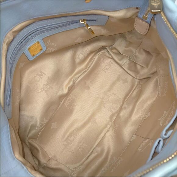 Auth MCM Light Blue Leather Tan Trim 2way Saddle Hobo Bag Satchel Preloved Purse - Picture 8 of 9